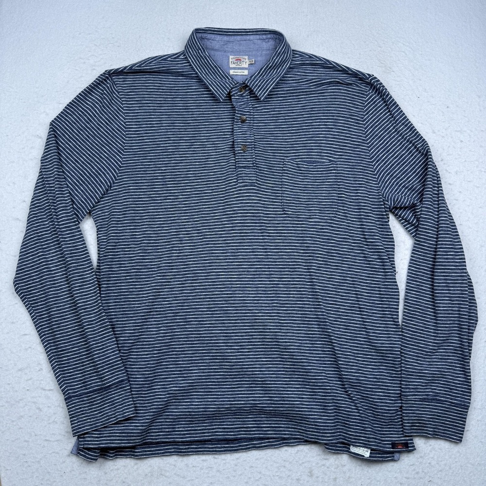 Faherty Brand Polo Shirt Mens XL Blue Stripe Cotton Chest Pocket Knit Casual